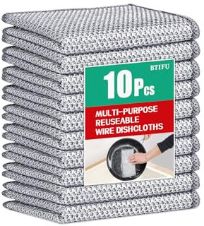 BTIFU 10Pcs Multipurpose Wire Dishwashing Rag, Reusable Non-Scratch Wire Dishcloth, Metal Dish Cloth Wet and Dry for Kitchen Cleaning, Sinks, Dishes, Stove Top, Dimensions(7.87X7.87)