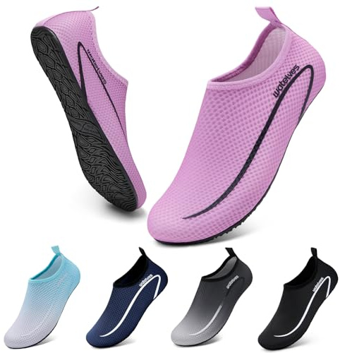 Swim Water Shoes Aqua Socks Barefoot for Sea Beach Swimming Shoes Pool Ladies Women Mens Line Dark Pink 4.5/5.5 UK