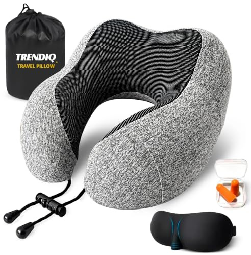 TRENDIQ Travel Pillow for Airplane- Premium Memory Foam with 100% Pure Cotton Cover Neck Pillow for Travel- Adjustable U-Shaped Flight Pillow with Eye Mask, Ear Plugs, Carry Bag & Carabiner Clip
