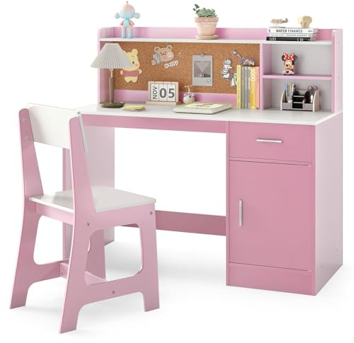COSTWAY Barnskriv med stol, skrivbord barn av trä med hyllor, lådor och skåp, ungdomsskrivbord för barnrum, inlärningsbord för pojkar, flickor från 3 år (rosa)