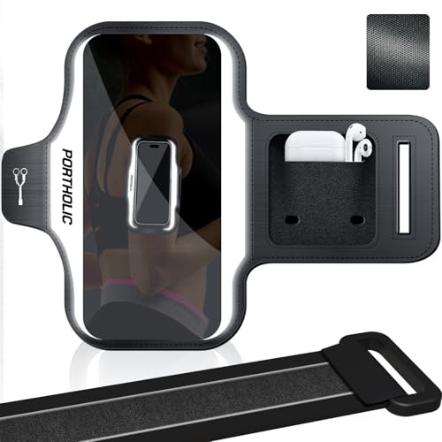 PORTHOLIC 2025 Running Phone Holder Sweat Resistant Sports Running Armband with Extension Strap, Key Card Slot for iPhone 17/16/15/14/13 Plus Air Pro Max XR/XS, Galaxy S25/24/S10 Up to 6.9 Phone
