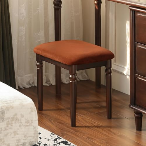 YESWOOD Small Vanity Stool Chair, Beech Wood American Vintage Style Makeup Chair, Footstool for Bedroom, Dining Room, Entryway, Walnut