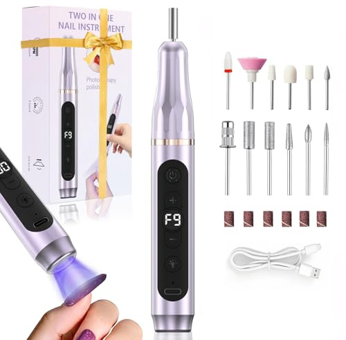 XunmotorYao Fresa per Unghie 12 in 1 Kit Professionale 20000RPM Elettrica Fresa Unghie Elocità Regolabil Lima Lampada Unghie LED UV 2 in 1 Purple