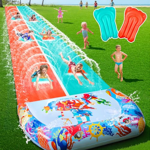 Suonncudst Toboganes de agua dobles deslizantes de 46 pies con 2 bodyboards, toboganes acuáticos extralargos para niños y adultos, resistentes, juguetes inflables gigantes para exteriores con