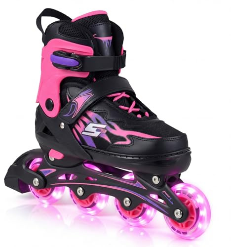 HOMASIS Verstellbare Inliner Skates 4 Größen, Rollschuhe mit Leuchtende Räder, ABEC-7, Rollerblades für Mädchen, Jungen & Anfänger, Schlittschuhe für Kinder 5-14 Jahren (Rosa, M (EU 34-37), c)