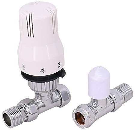 Warmehaus Thermostatic Radiator Valve 15mm x 1/2 Inch Straight White Chrome Rad TRV + Lockshield