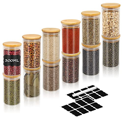 rokrist - Tarros de cristal, lote de 12, 300 ml, tarro de especias con tapa de bambú, tarros de almacenamiento de cocina