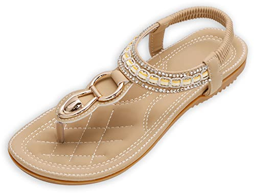 ZOEREA Sandales Femme Été Plates Confortable Mode Bohème Tongs Bout Ouvert Chaussures pour Plage Vacances du Quotidien Détente Taille Style 9 Abricot,39 EU