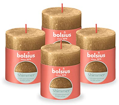Bolsius Rustic Pillar Candle - Shimmer Gold - Pack of 4 - Long Burning Time of 35 Hours - Interior Decoration - Unscented - Includes Natural Vegan Wax - No Palm Oil - 8 x 7 cm