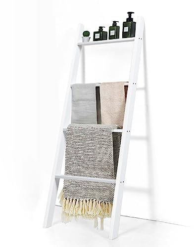 LIFEZEAL Porte-Serviettes Échelle à 4 Niveaux, Échelle à Vêtements en Bois de Pin,137 x 50 x 7,5 cm, Échelle Salle de Bain, Salon, Gain de Place (Blanc)