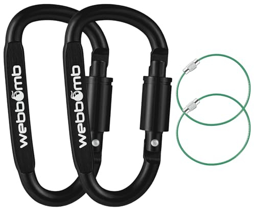WEBBOMB® Lot de 2 mousquetons avec fermeture à vis - 80 mm - En aluminium - Pour poussette, sport canin, équitation, camping, randonnée, pêche - Noir