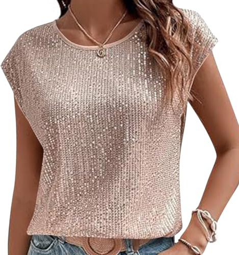 Onsoyours Débardeur À Pailettes Femme Col Rond Camisole Haut Chic Chemise Sequin Elegant Blouse Décontractée Tops Fête Tee-Shirt Soiree Bal Danse Club Veste A Rose Clair S