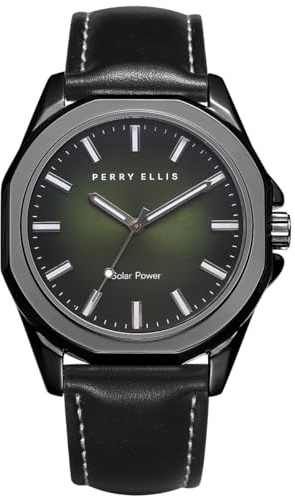 Perry Ellis Solar Powered Mens Watch | Vegan Leather Water-Resistant Analog Wrist Watches for Men | 42mm Case | Relojes para Hombres | Elegant Gift for Man (Green)