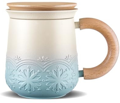 ZENS Teetasse mit Deckel und Sieb, 420ml Holzgriff Teebecher mit Teesieb und Holz Deckel für Losen Tee, Geprägtem Japandi Keramik Teetassen Geschenke für Teeliebhaber,Frauen,Tochter，hellblau