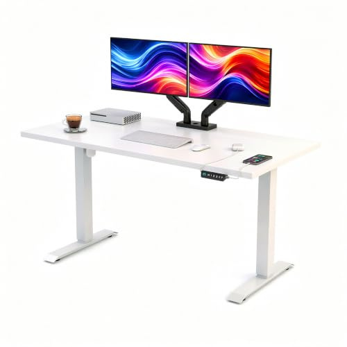 POKAR Höj- och Sänkbart Skrivbord Elektriskt 120x80 cm | Massiv 25mm Bordsskiva | Touch-Panel med USB-C och USB-A | Stående Skrivbord för Hemmakontor | Stativ Vitt, Skiva Vit