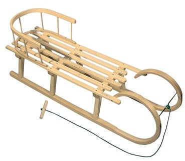 Hörnerrodel [Holzschlitten Hörnerschlitten] mit Rückenlehne Zugseil Leichtlauf-Stahlkufenbeschläge 120cm Buchenholz massiv Rodel mit Lehne 2 Personen GRATIS