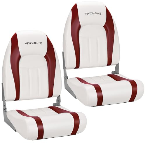 VIVOHOME Folding High Back Boat Seats 2 Pack, Waterproof Boat Captain Chairs, 4 Mounting Screws Included, White and Red