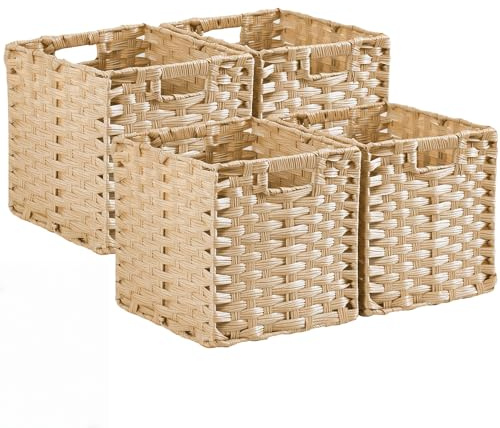 SOCOHOME Cajas de almacenamiento, 28 x 28 x 28 cm, cesta de almacenamiento de polipropileno y tiras de metal para despensa, armario, armario de juguetes, resistente al agua, no mohoso (4 unidades