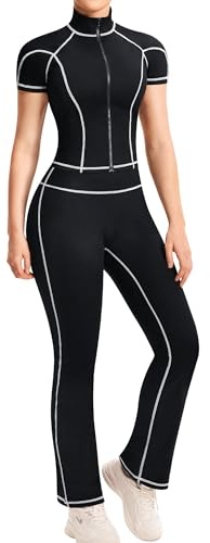 Gotoly Women's Tracksuit Two Piece Outfit Short Sleeve Gym Activewear Workout Set (UK, Alpha, L, Regular, Regular, Black)