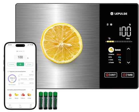Digitale Küchenwaage mit Nährwertberechnung, Lebensmittelwaage mit 24 Nährwertanalyse, 5kg Edelstahl-Ernährungswaage, TFT Farbdisplay, 50 Offline & unbegrenzte Kalorienanalyse per App, Tara Funktion