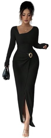 FOTKLAX Women's Long Sleeve Maxi Bodycon Dresses Elegant Semi Formal Cocktail Knit Body Con Asymmetrical Weddding Guest Black