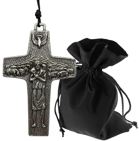 Lunexus halsband med korshänge herd med får och fredsduva – silverfärgat reliefkors 7 × 4,5 cm inkl. 60 cm läderband och sammetspåse – välsignad devotional att bära eller ge bort