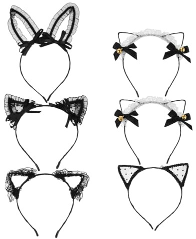 ABOOFAN Diadema de Encaje con Orejas de Gato y Lazo Campana Delicada Juego de 6 Piezas Accesorio para Fiesta y Disfraz de Cosplay Aro Pelo Kawaii para Niñas y Eventos Festivos