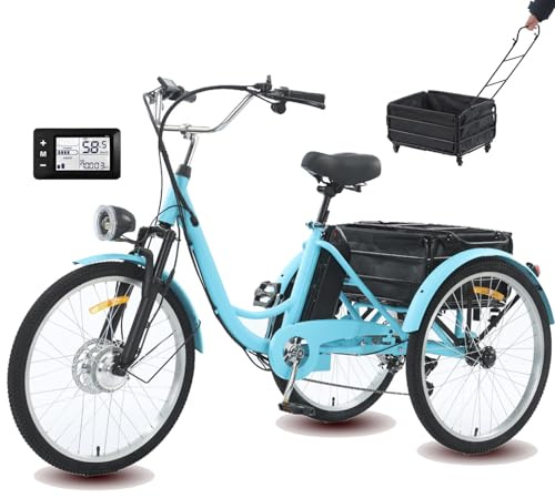 Triciclo Elettrico Da 24'' a 7 Velocità per Adulti, Motore Da 250 W,36 V 13 Ah, Autonomia Di 35 Km,Ampio Cestino + Display Lcd + Faro Anteriore,Bicicletta a Tre Ruote per La Spesa in Famiglia Blue