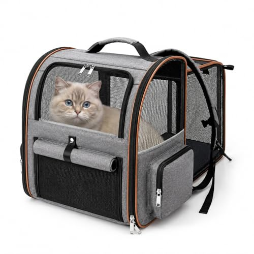 Expandable cat backpack, breathable mesh pet backpack, suitable for small dogs and medium-sized cats, large-capacity foldable pet travel bag, maximum weight capacity 25 lbs, gray.