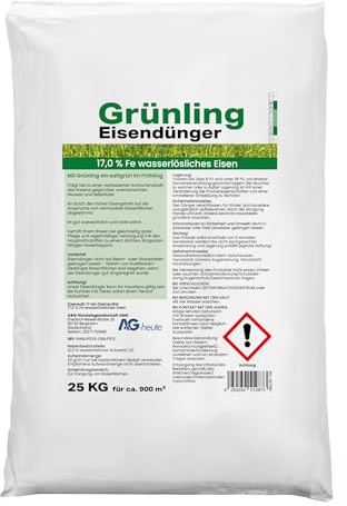 Grünling A&G-heute 25kg Eisendünger Pulver Rasendünger Frühjahr | für vermooste Flächen | Eisen-2-Sulfat Heptahydrat | für ca. 900m² Rasenfläche für sattes kräftiges dichtes Grün