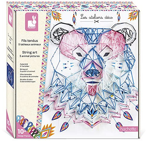 Janod - Coffret Fils Tendus Animaux - Les Ateliers Déco - Kit Loisirs Créatif Enfant - 5 Tableaux à Réaliser - Motricité Fine et Concentration - dès 10 Ans, J07912