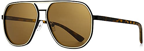 SUNGAIT Gafas de sol poligonales para hombre Gafas de sol cuadradas de moda polarizadas Retro Pilot Shades (Marco ámbar/borde dorado/lente marrón)