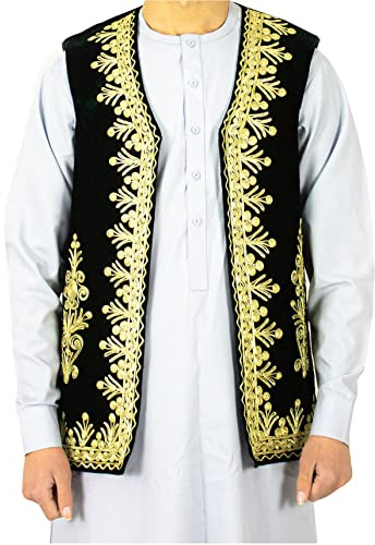 Afghan Traditional men's Black velvet vest with heavy Gold braided Charma Dozi embroidery