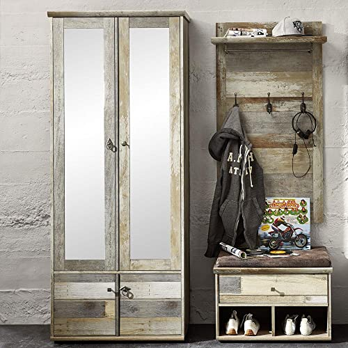 Lomadox Flur Garderoben Set in Driftwood Nb. Dielenschrank mit Spiegel B/H/T ca. 160/188/40 cm