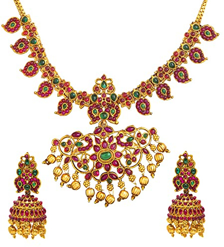 Bodha Traditional Indian Antique Matte Gold Temple Necklace Set with Ruby Green Stones and Matching Earrings for Women (SJN_37_PG)