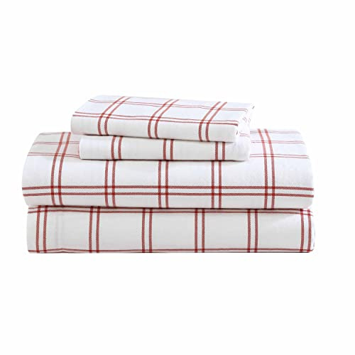 Eddie Bauer - Juego de sábanas Queen, Juego de Ropa de Cama de Franela de algodón, Cepillado para Mayor suavidad, decoración acogedora del hogar (Naranja a Cuadros Westridge a Cuadros, Queen)
