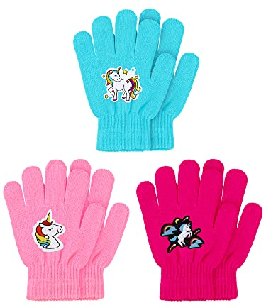 Geyoga 3 Paar Kinder Handschuhe Winter Vollfinger Bunte Einhorn Strickhandschuhe für Mädchen Jungen im Alter von 4-10 (Heller Stil)