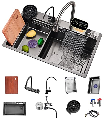 FIVIXIL Fregadero de cocina Fregadero de un seno con pantalla digital en cascada Con grifo extraíble, lavavasos a presión y otros accesorios Fregadero de cocina para estación de trabajo (75*46*22cm)