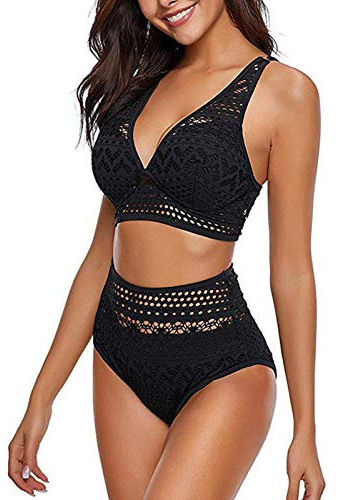Maillot De Bain Femme Bandeau Push Up Rembourré Bikini Pas Cher Grande Taille Rembourré Amincissant Trikini Vintage pour Nager Haut(01Noir,XXL)