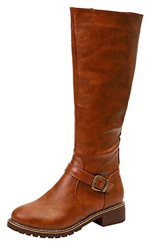 ESSUE Bottes Mollets Larges Plates Sexy Boots Femme Cuir Moto Vintage Boot Equitation Bottes d'hiver Confortables Santiags Haute Botte Femmes Bottes Bottines Talon Carré Boots