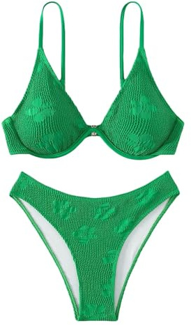 Falainetee Women's Bathing Suit Floral Pattern Underwire Swimsuit Bikini Set Green Set M