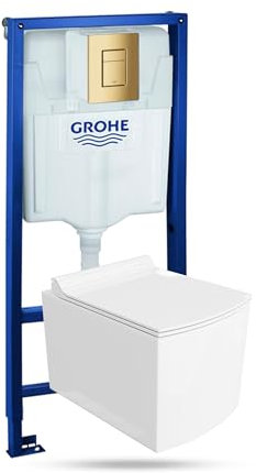 LAVITA Elemento da parete Solido + parete sospesa WC Fago bianco senza bordi + sedile WC SoftClose | pulsante dorato | Set completo | Cassetta di risciacquo da incasso | WC completo |