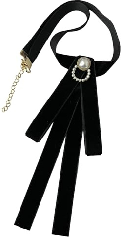 CHENGZI Velvet Pearl Bow Tie for Women - Simple Shirt Uniform Accessory (Black)