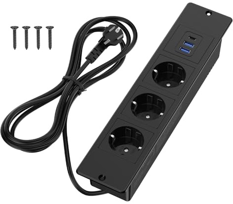 Bordsskiva infällbart uttag med 2 USB och 1 typ C, infällt uttag 3-faldigt med 2 m kabel, bordsuttag för bordsskiva eller bänkskivor – svart