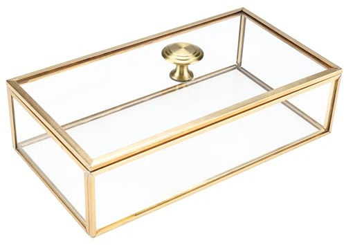 Homtone 20 x 11 x 6 cm koppar gyllene vintage glaslåda med lock, dekorativa smycken souvenir display arrangör klar rektangel gyllene låda för bröllopsfest dekor med öppet lock
