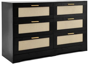 Generisch Rattan Kommode, Tv Schrank Vintage, Große Kommode Sideboard, Komode Schrank mit 6 Schubladen， Komodenschrank für Schlafzimmer, Wohnzimmer, Eingang, 120x40x77 cm (Schwarz)
