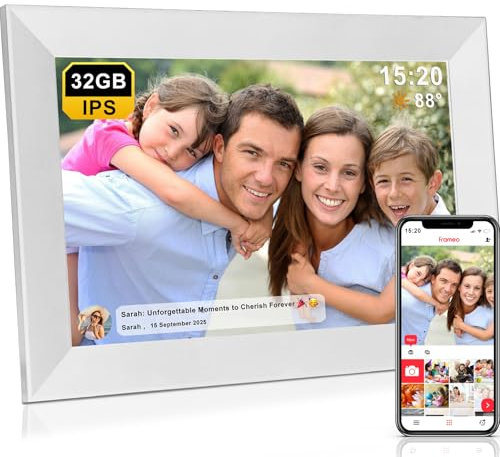 Frameo WLAN 32GB Digitaler Bilderrahmen 10,1 Zoll, HD 1280 * 800 IPS Touchscreen Elektronischer FotoRahmen, Auto Drehung, Einfache Weitergabe von Fotos Videos über Frameo App -Weiß