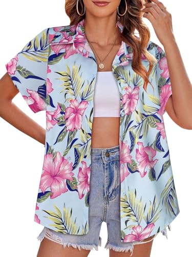Women Hawaiian Shirt Short Sleeve Button Down Summer Tops,Blue Purple,XL
