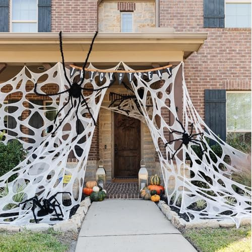 HISECOO Nötköttsnät halloween spindelnät dekorationer, 500 kvadratmeter stretchigt nötköttnät för halloweendekor, läskigt spindelnät för spökhus, dekorationer spindelnät utomhus