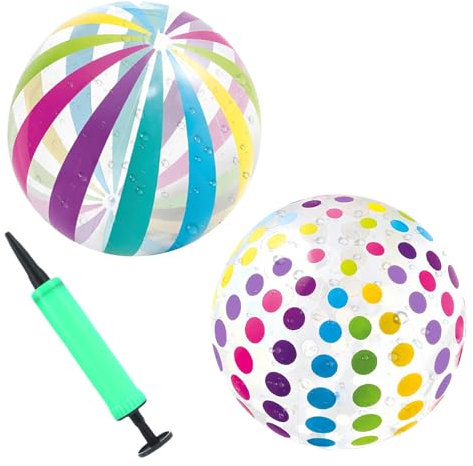 2 Pezzi Palloni da Spiaggia,Palla Gonfiabile Pallone da Spiaggia Beach Balls con Pompa Ad Aria Manuale per Feste Estive Piscina Beach Party